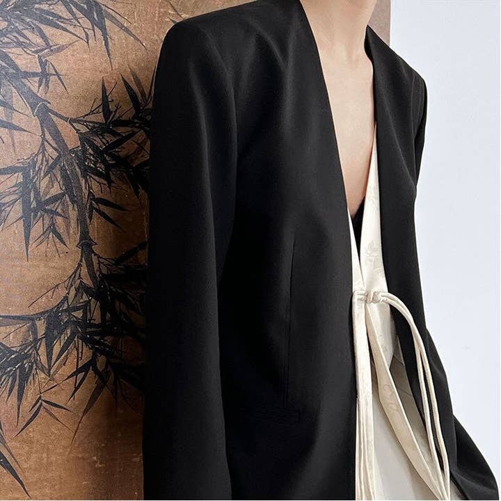 BLACK Chic Chinese Jacquard Lapel Blazer with Faux Two-Piece Design for wholesale on Faire