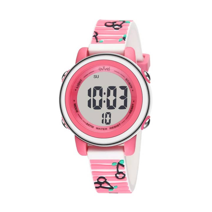 Montre de sport numérique pour filles avec de nombreuses fonctionnalités - Stripey Cherry pour la vente par Ovvel Watches