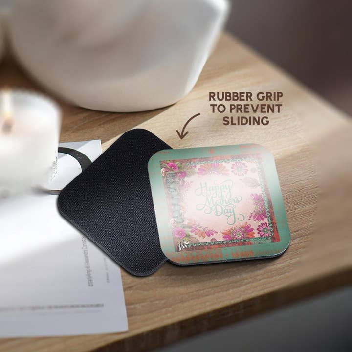 3dRose – wholesale Coasters – 3dRose, Image of Happy Mothers Day, Flora Frame, Pink, Green, Coaster10