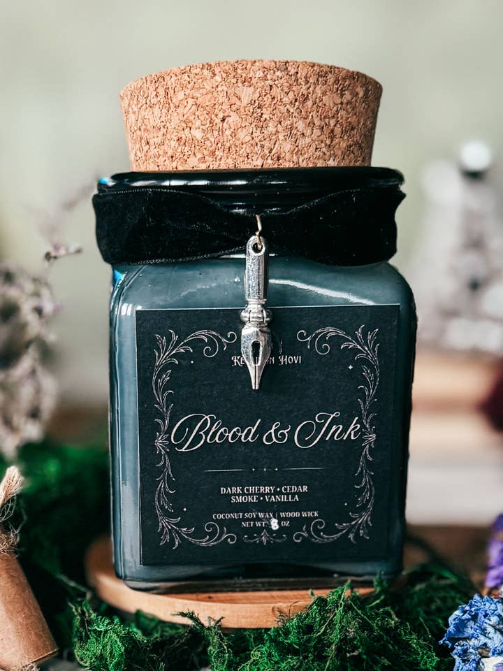 Blood & Ink Literary Candle With Charm- Dark Cherry for wholesale by Keskiyön Hovi - The Midnight Court