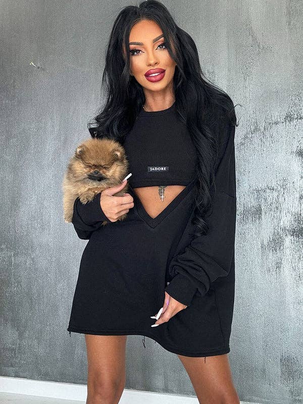 KAKI Completo due pezzi: mini abito e top smanicato a girocollo in tinta unita, vestibilità ampia in vendita all'ingrosso su Faire12