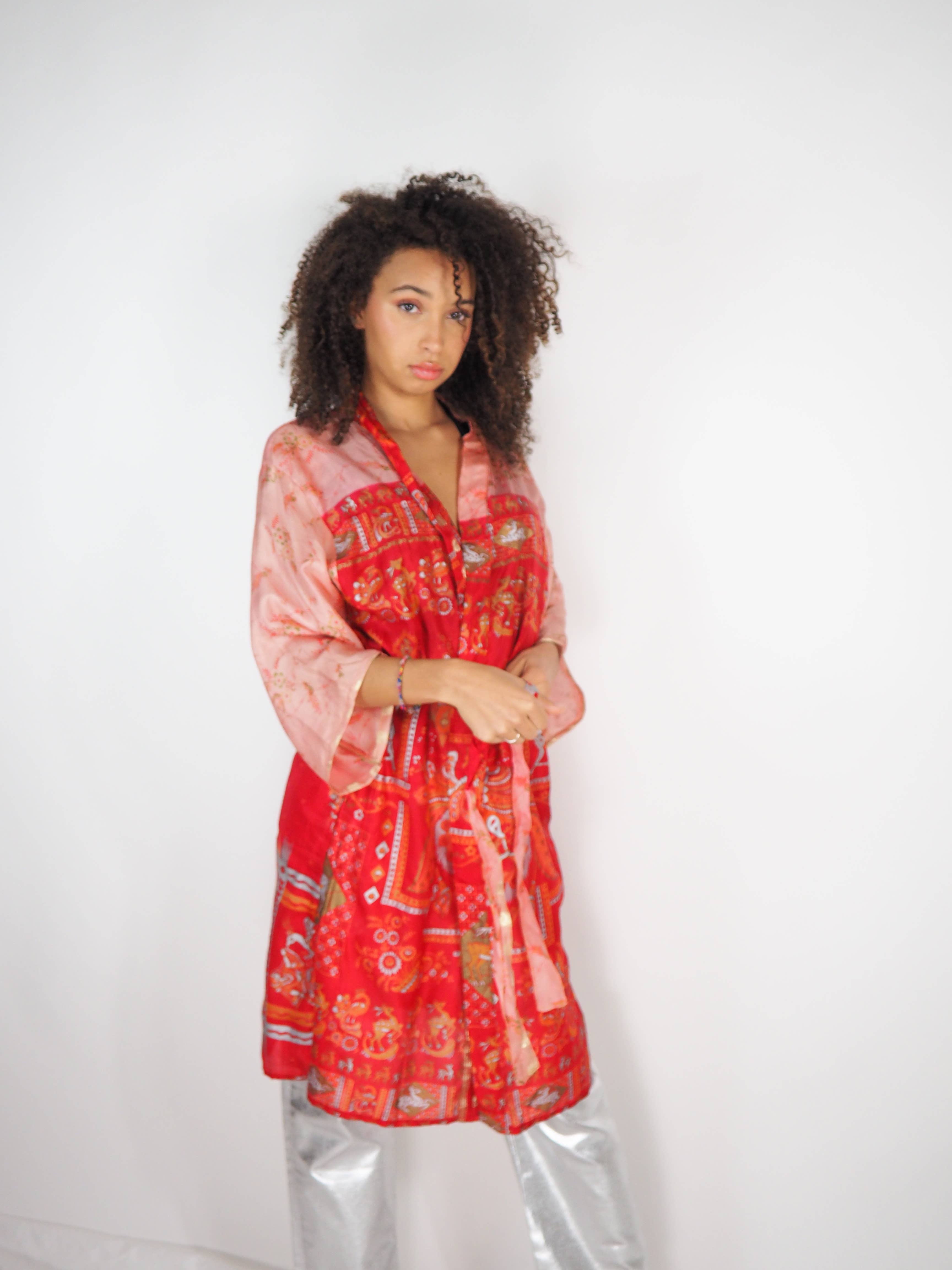 Vagabond Ibiza - Wholesale Kimono - Women's - The Kardash Kimono Mid-Length – Upcycled Vintage Sari Kimono1