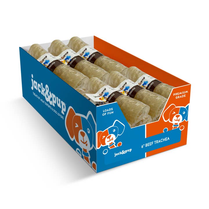 Trachea di manzo da 6 pollici con display Jack & Pup Dog Treats per la vendita all'ingrosso da parte di J&C PET SUPPLY LLC