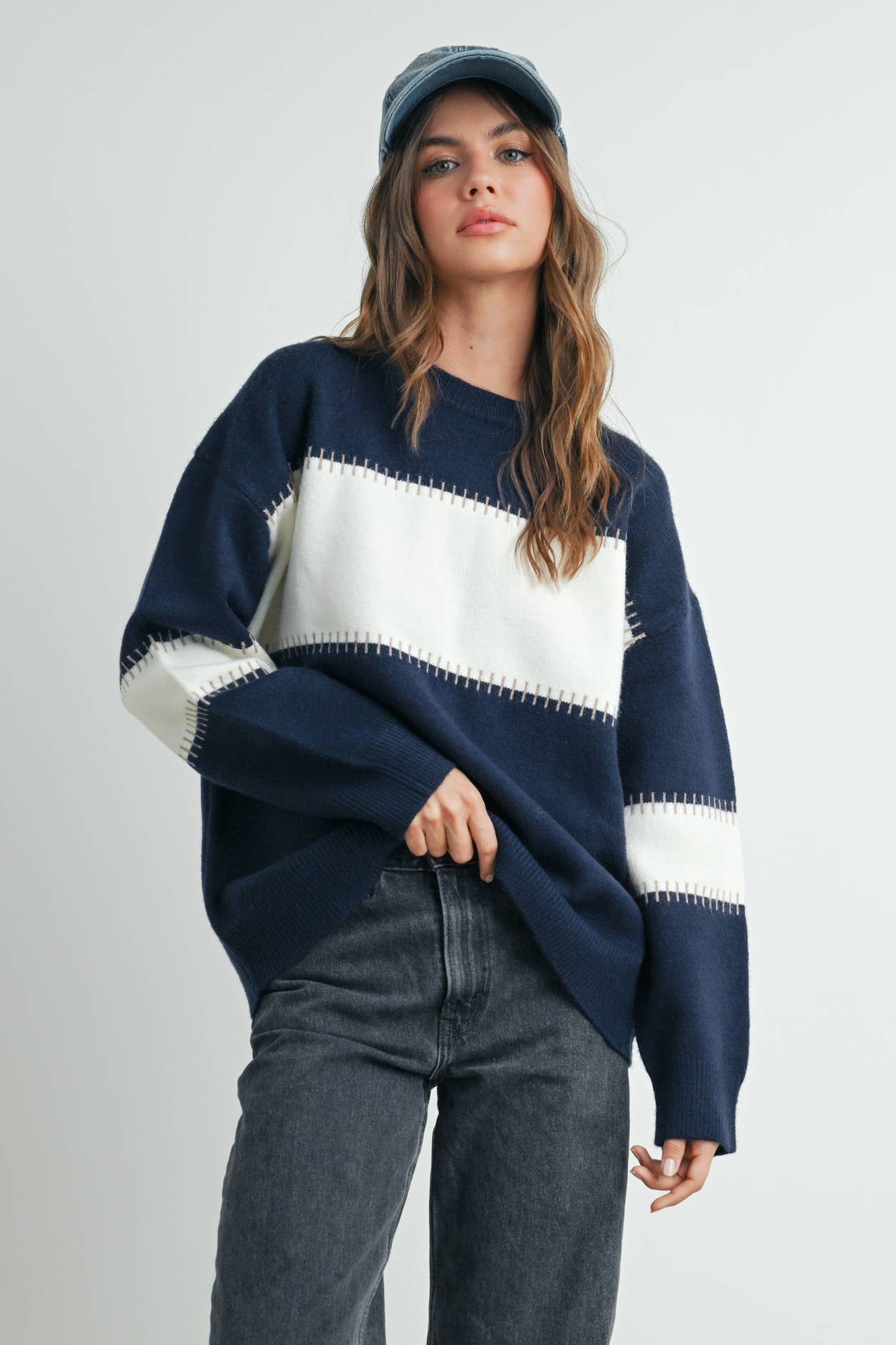 NAVY IVORY Color Block Striped Crew Neck Sweater - BMW7501 for wholesale on Faire2