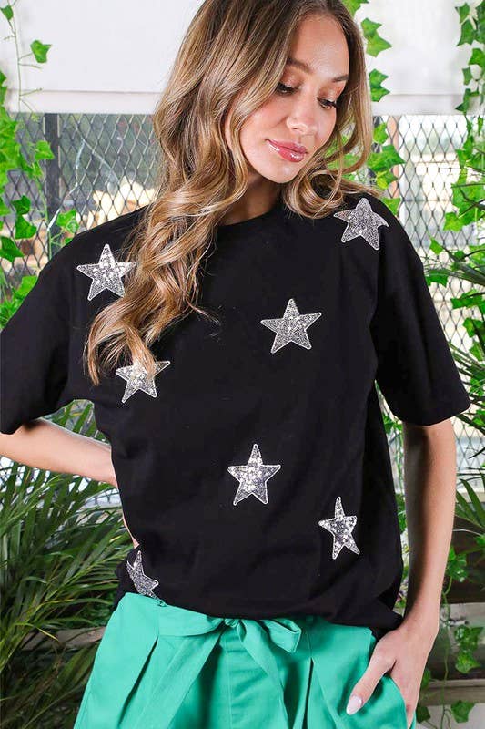 Vine & Love - Wholesale Knit Top - Women's - Star Sequin Crew Neck 100%Cotton Knit Top VT816170