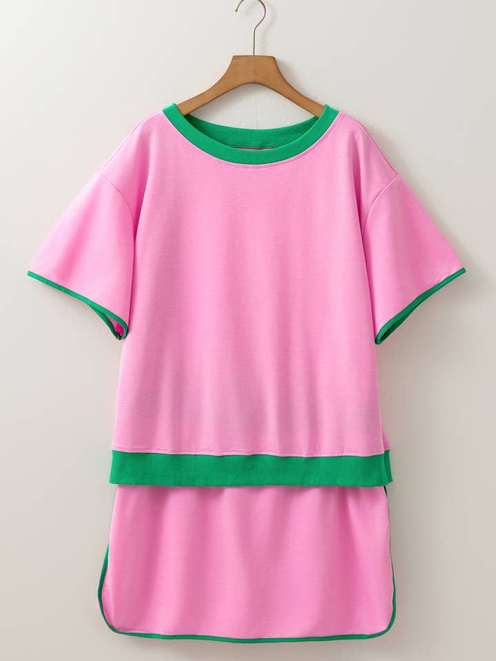 Lovesoft - Wholesale Top & skirt set – Women's - Evergreen Plus Size Contrast Trim T Shirt and Skirt Two Piece Set5