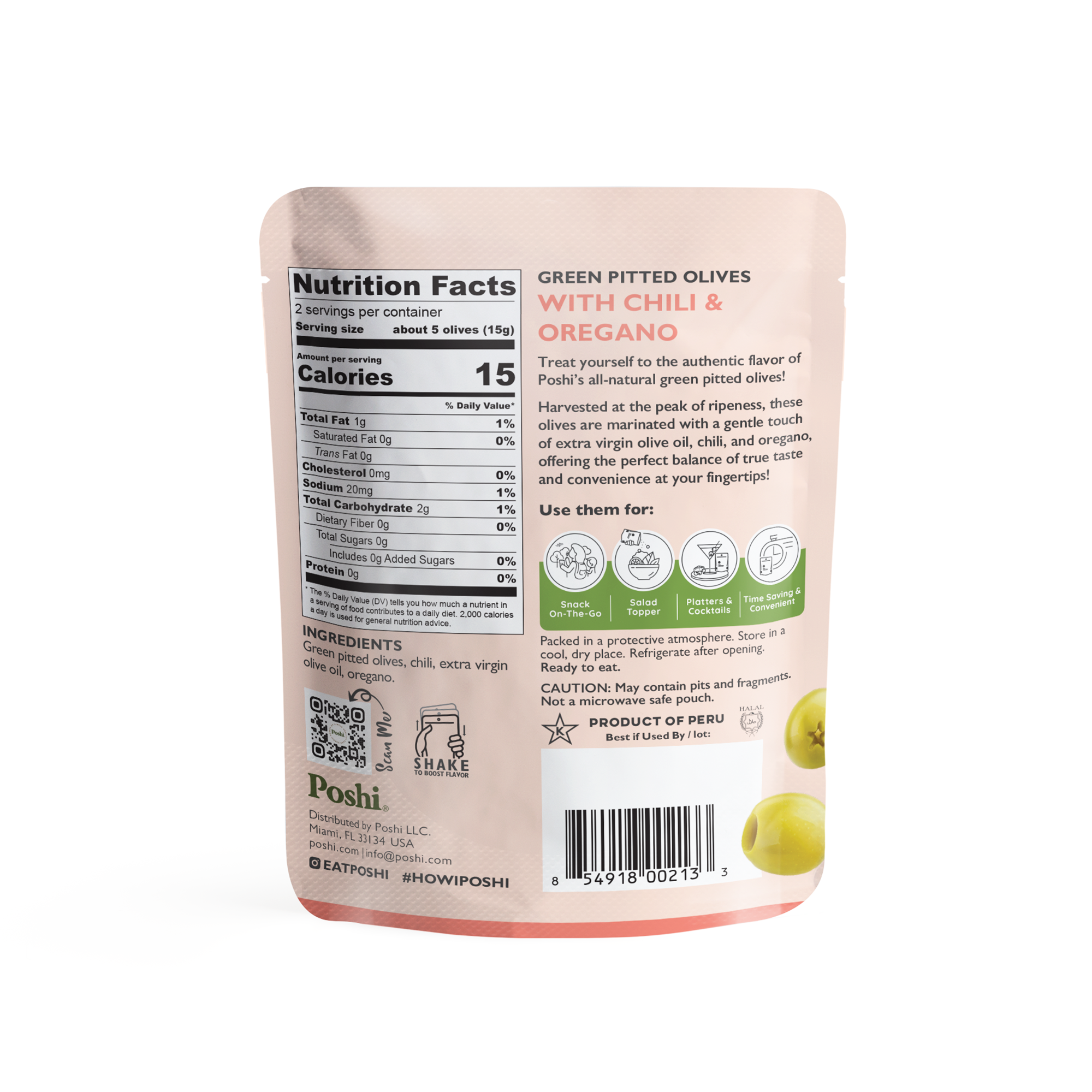 POSHI – wholesale Olives – Poshi Snack - Chili & Oregano Pitted Green Olives 1.1oz/10ct1