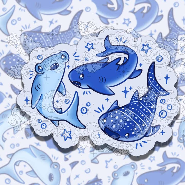 Cute Shark Trio Colorful Fun Summer Vinyl Sticker for wholesale by Sticky Sadness Designs