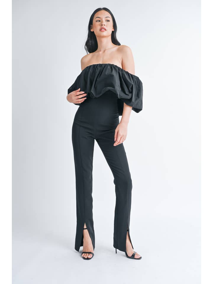 Black IJP2792 BUBBLE OFF SHOULDER BOOTCUT JUMPSUIT WITH FRONT SLIT for wholesale on Faire