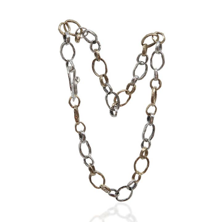 Collar longuette unisex cadena anillos ovalados plata 925 y bronce - CA030b para venta al por mayor de Mandile Gioielli