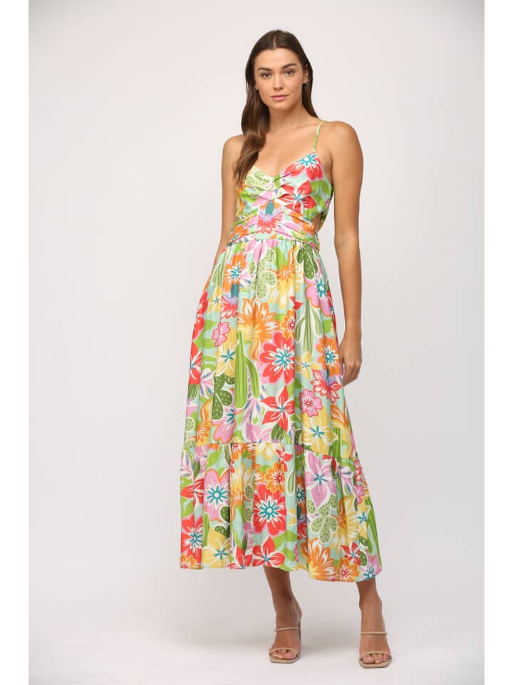RED SAGE MULTI DESERT PRINT RAYON RUCHED DETAIL CUT-OUT MIDI DRESS FD35143 for wholesale on Faire
