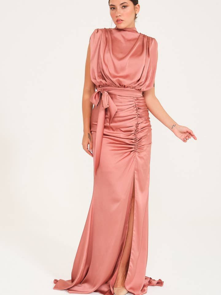 Collar Draped Ruffled Long Satin Evening Dress, Prom Dress, for wholesale by fashionbyoz