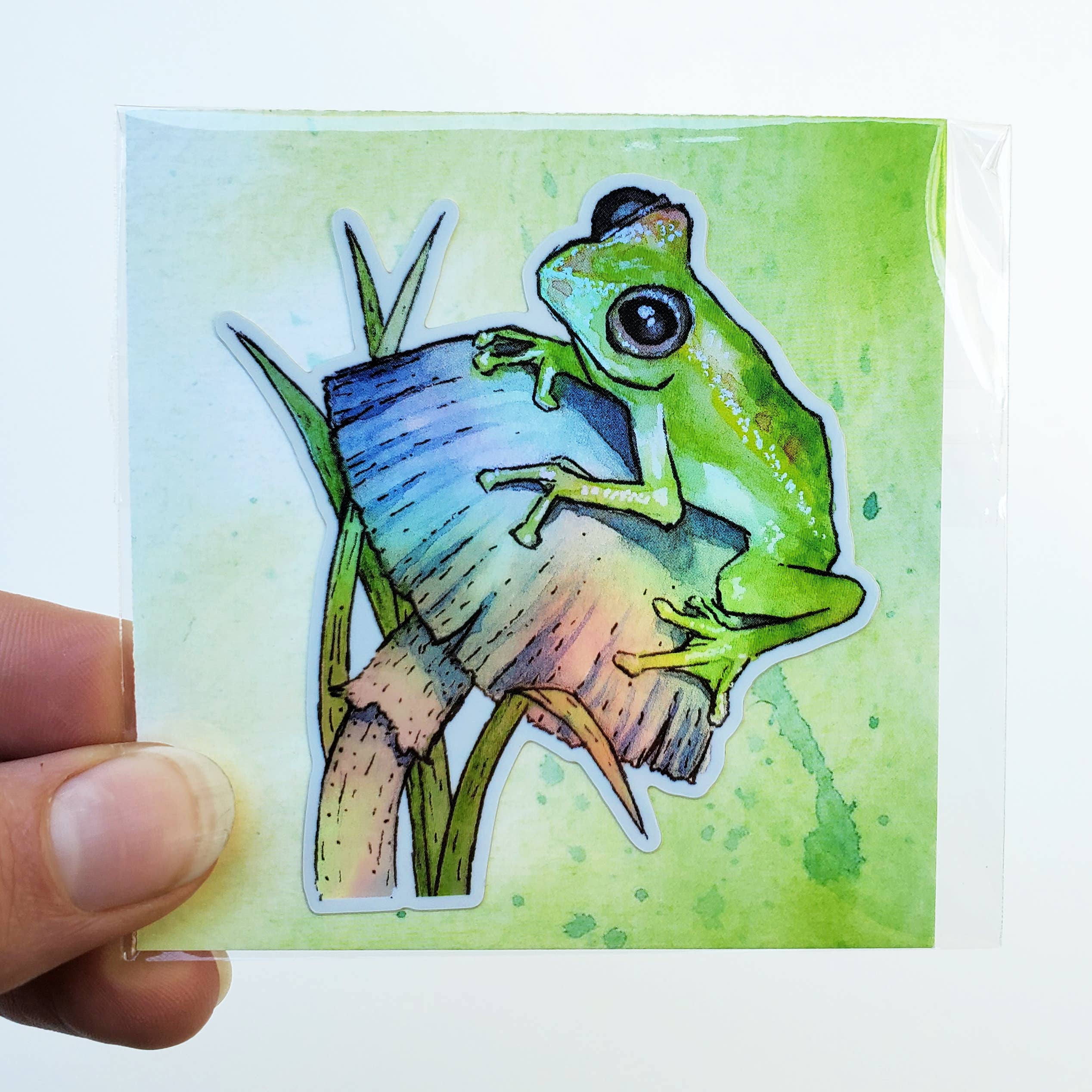 Art by Trisha Hall - Wholesale Sticker - "Hopscotch" Frog & Mushroom Holographic Sticker2