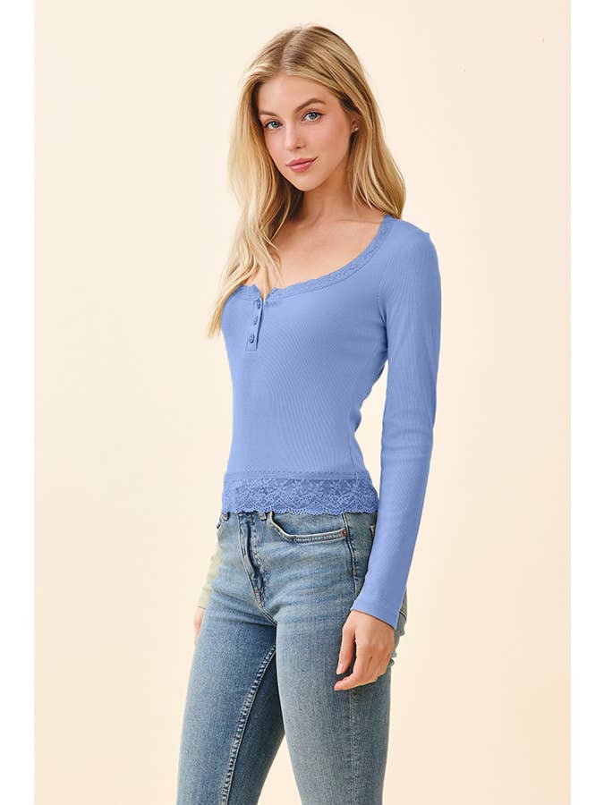 Heart & Hips - Wholesale Knit Top - Women's - BUTTON FRONT HENLEY WITH LACE AT NECK & BOTTOM HEM13