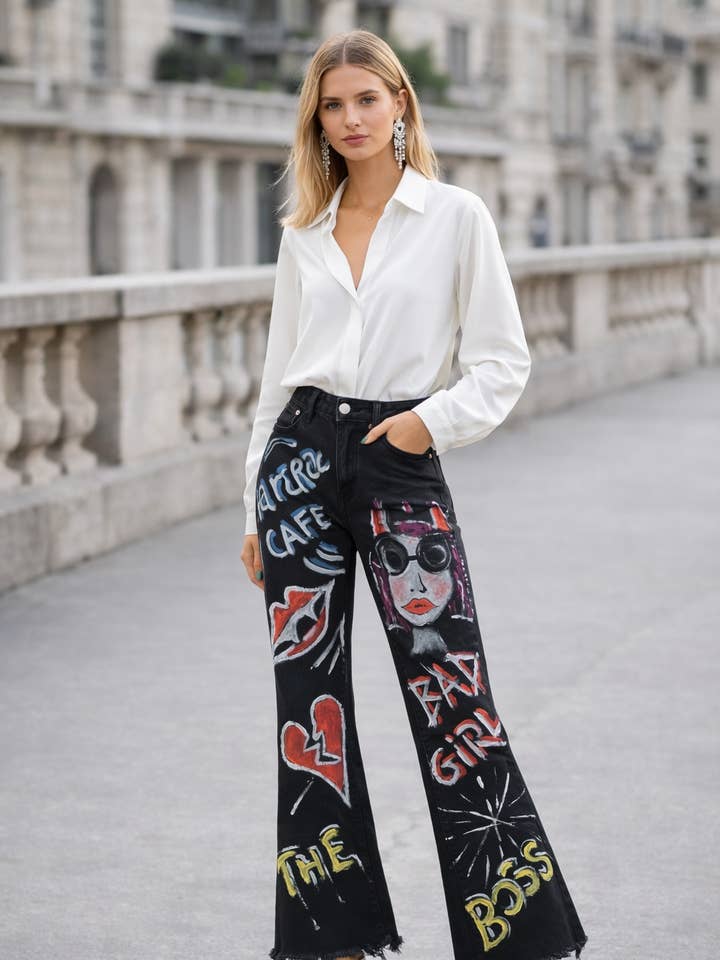 Calça Jeans Feminina Stretch Pintada à Mão – Arte em Jeans por atacado de apiedinudinelparco