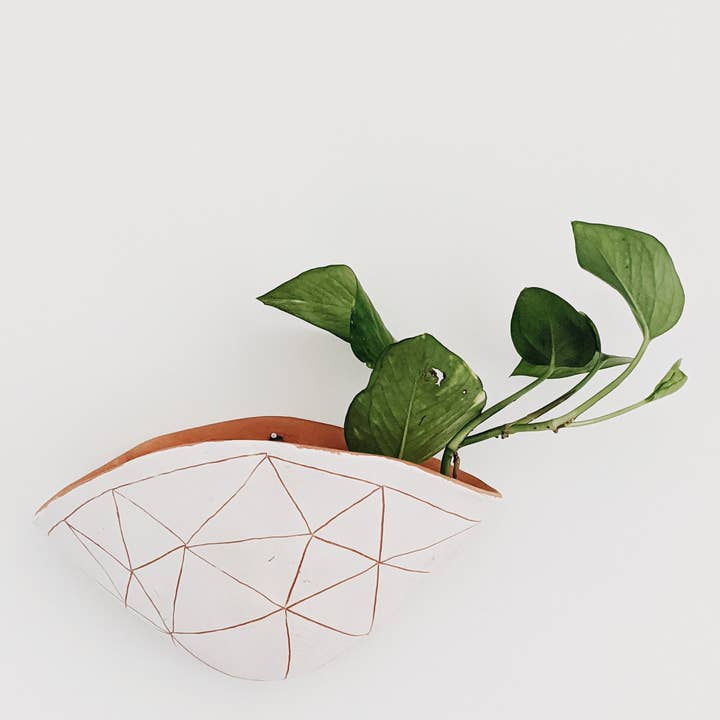GEOTRIANGLE - 7x4" Wide Wall Pocket Planter - White & Red Earthenware Clay for wholesale by Half Light Honey