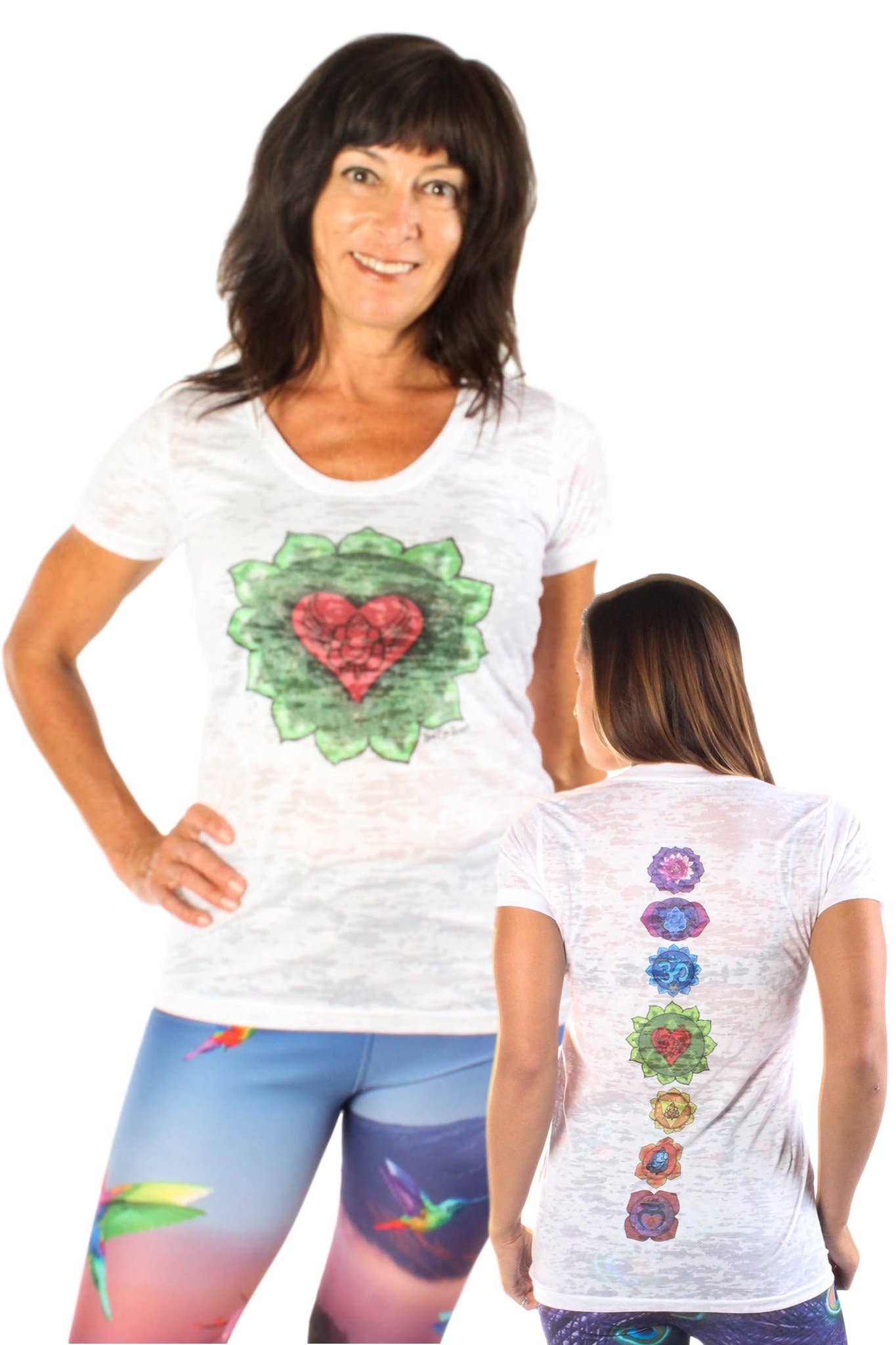 Third Eye Threads - Vente T-shirt sérigraphié – femme - Chakra du cœur sur le devant avec dos plein Chakra sur le col bateau Burnout Crew1