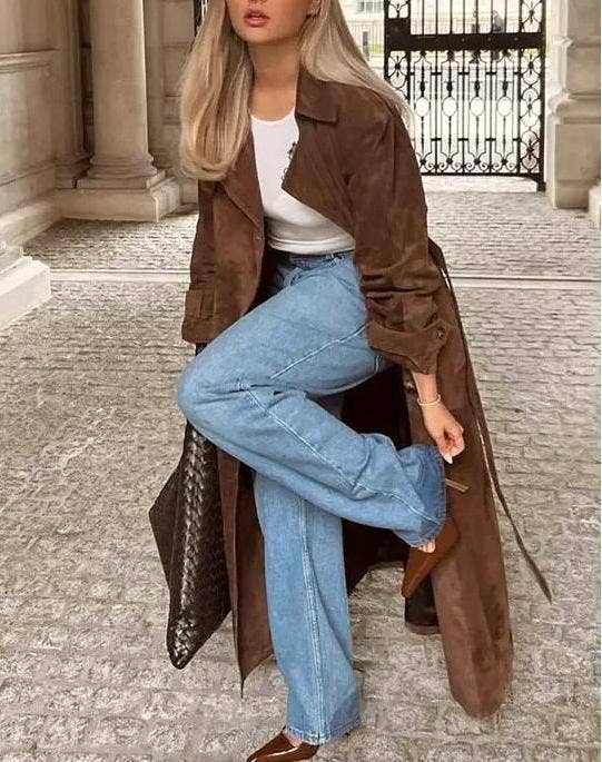 Coffee Double breasted lapel overcoat long trench coat for wholesale on Faire8