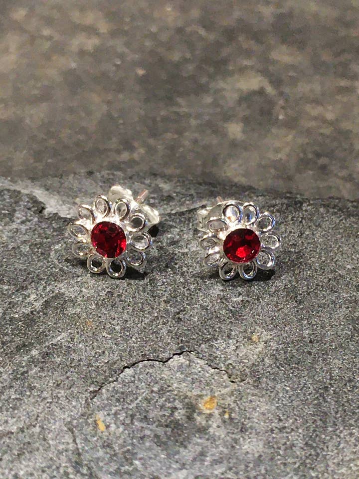 SS357B - RED CZ FLOWER STUD 8MM for wholesale by Bluelily925silver