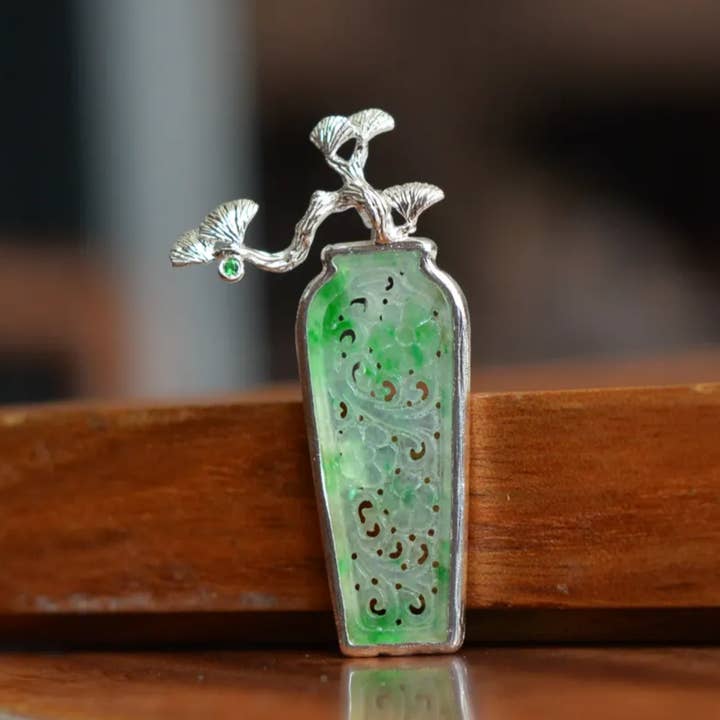 925 Silver Jade Pine Brooch Pendant | Peace & Longevity Amulet | Oriental Nature Jewelry | Gift for Parents or Elders for wholesale by idjewelry