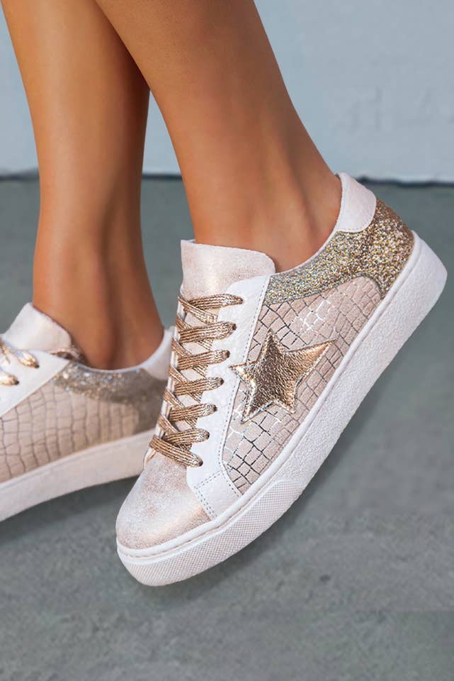 Gold Fashion-W Glitter Star Patchwork PU Leather Lace-up Sneakers for wholesale on Faire