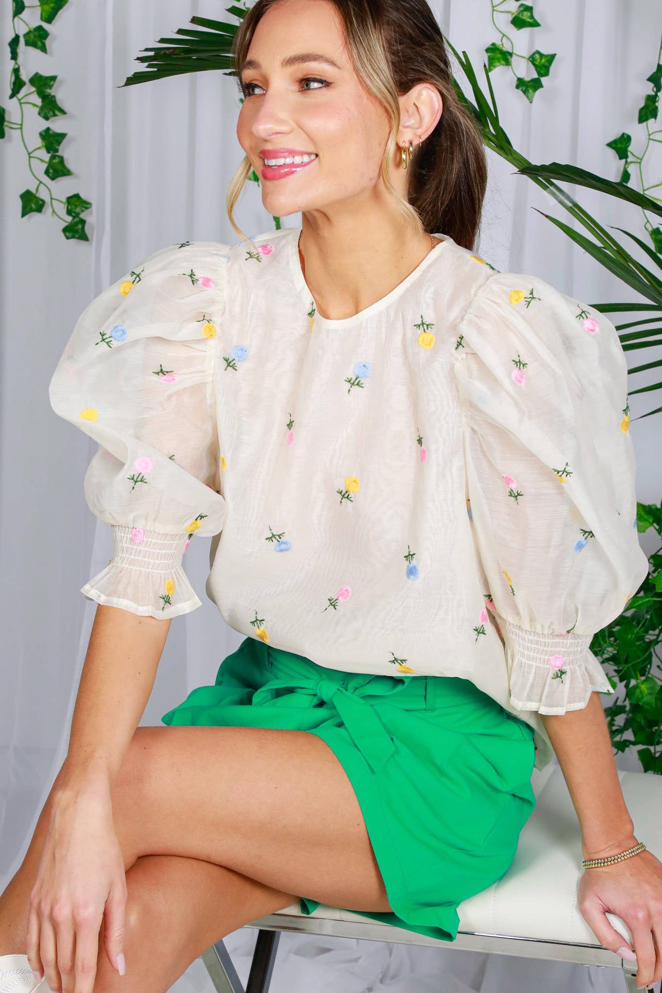 Vine & Love - Wholesale Blouse - Women's - Floral Embroidered Round Neck Organza Blouse Top VT82255-3