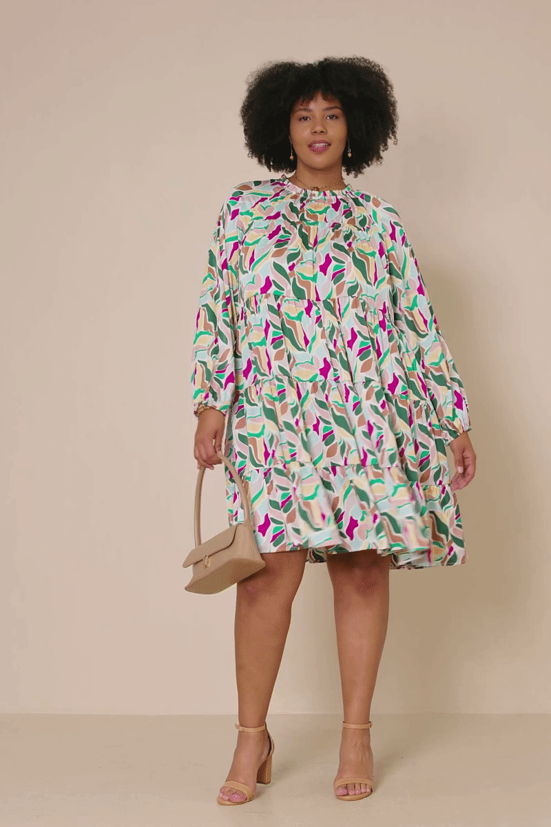 Magenta Mix Womens Abstract Floral Tiered Ruffle Neck Satin Dress for wholesale on Faire8