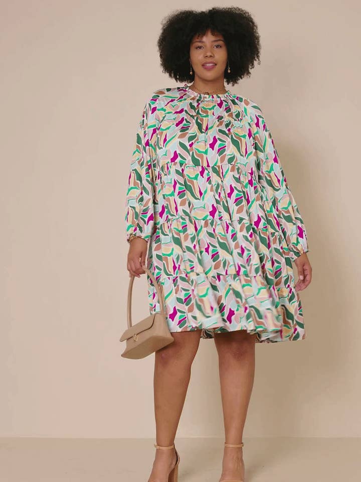 Magenta Mix Womens Abstract Floral Tiered Ruffle Neck Satin Dress for wholesale on Faire8