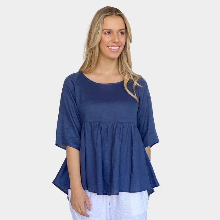 Linen Loose Cute Top Navy for wholesale by Amyic