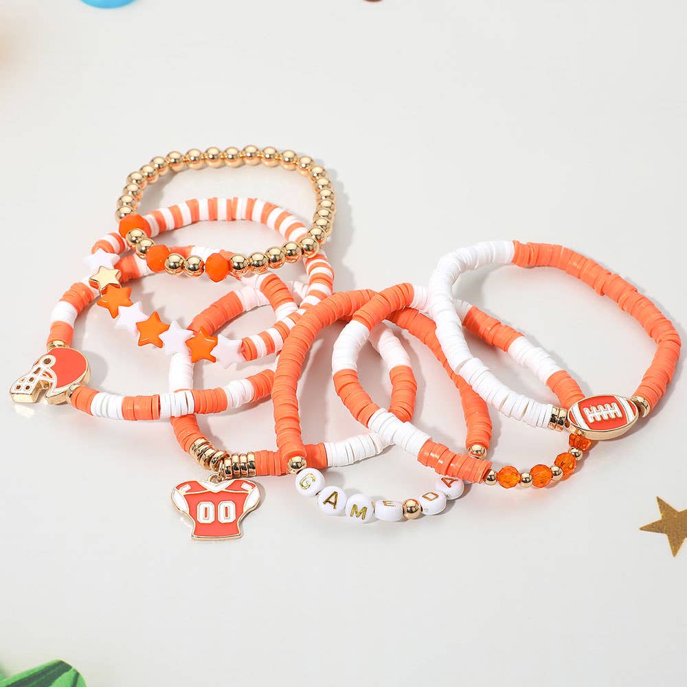 Sensibling Corp. - Wholesale Jewelry Set - 7PCS - Football Charm Star GAME DAY Message Heishi Beaded Stretch Multi Layered Bracelets11