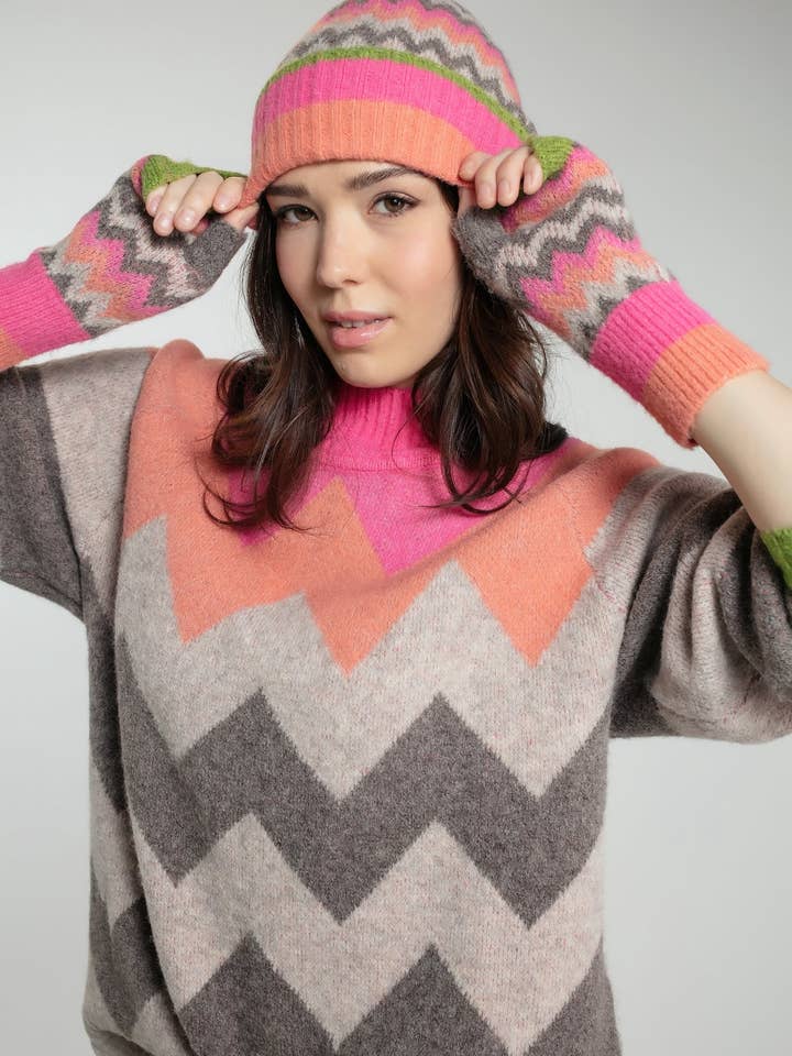 DORA CHEVRON BEANIE IN PINK MIX for wholesale by NOOKI DESIGN LTD