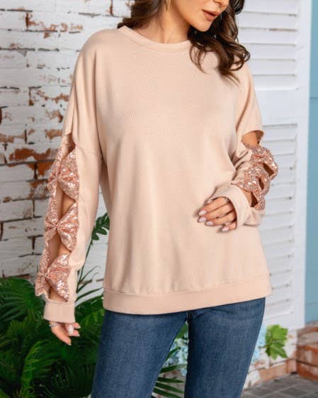 Rosa Clothing - Wholesale Sweatshirt - Women's - Fashion Sequin Bow Hollow Sleeve Sweatshirt3