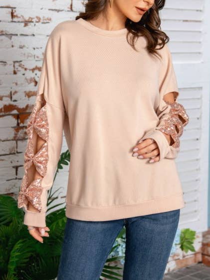 Rosa Clothing - Wholesale Sweatshirt - Women's - Fashion Sequin Bow Hollow Sleeve Sweatshirt3