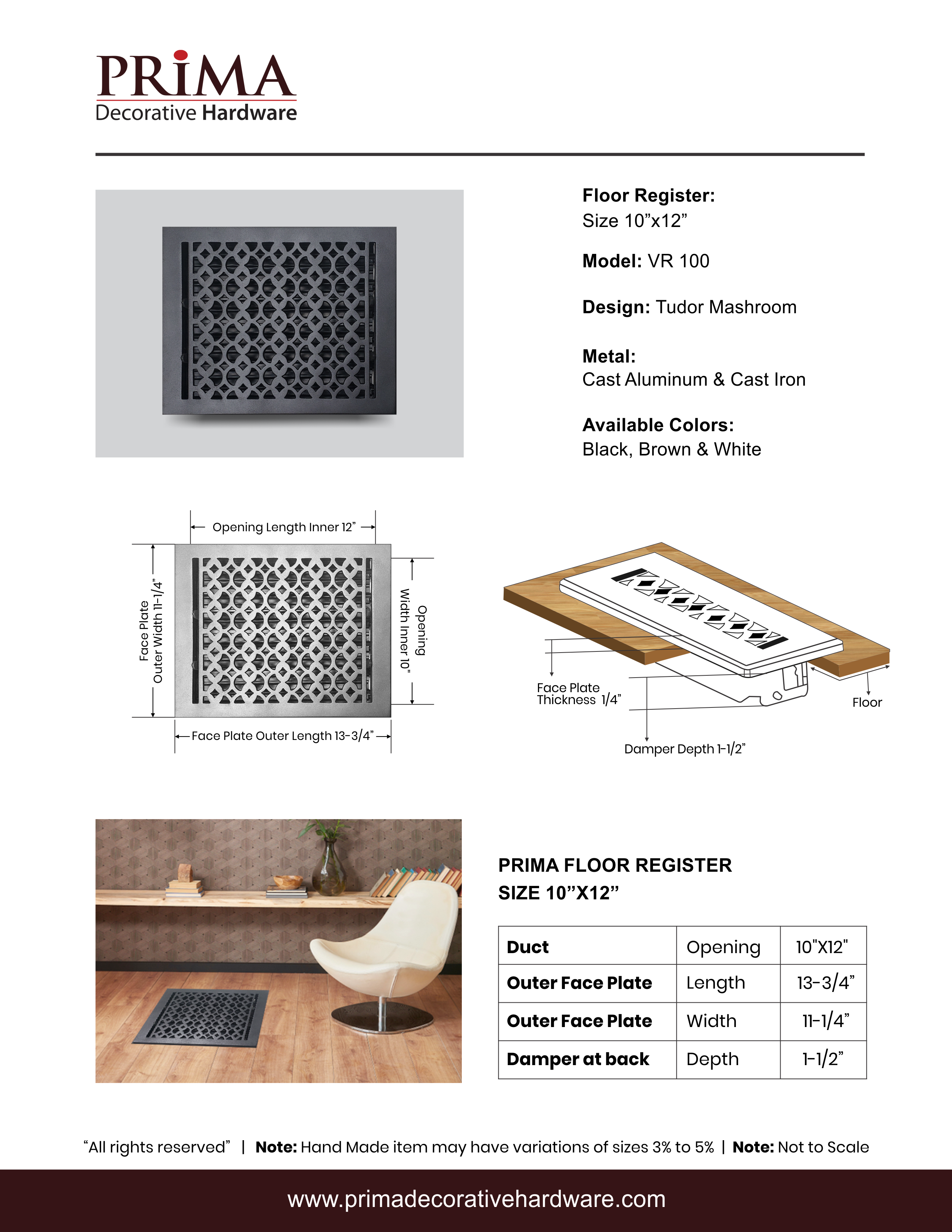 PRIMA DECORATIVE HARDWARE INC - Venta al por mayor Material de climatización - Registro de piso de hierro fundido 10" x 12" VR-1008