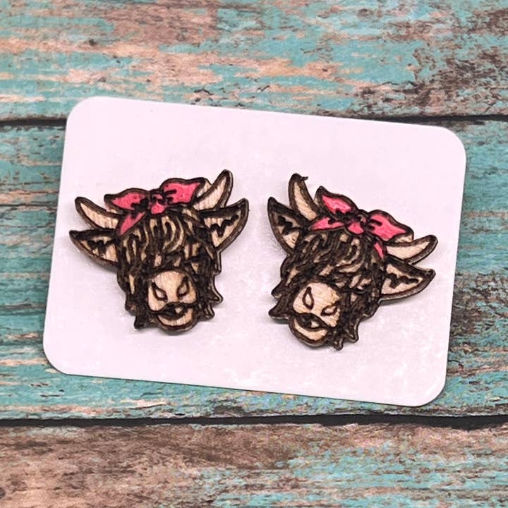 Wooden Cow Stud Earrings for wholesale by Southern Heart Designs