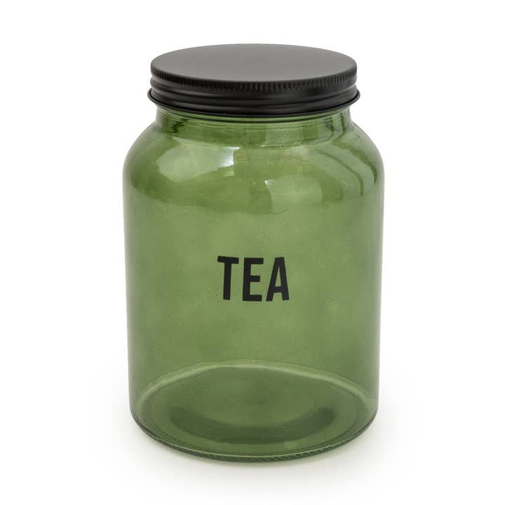Green Glass Storage Jar 'TEA' With Black Lid 15.5cm 6PK for wholesale by Candlelight Products Ltd