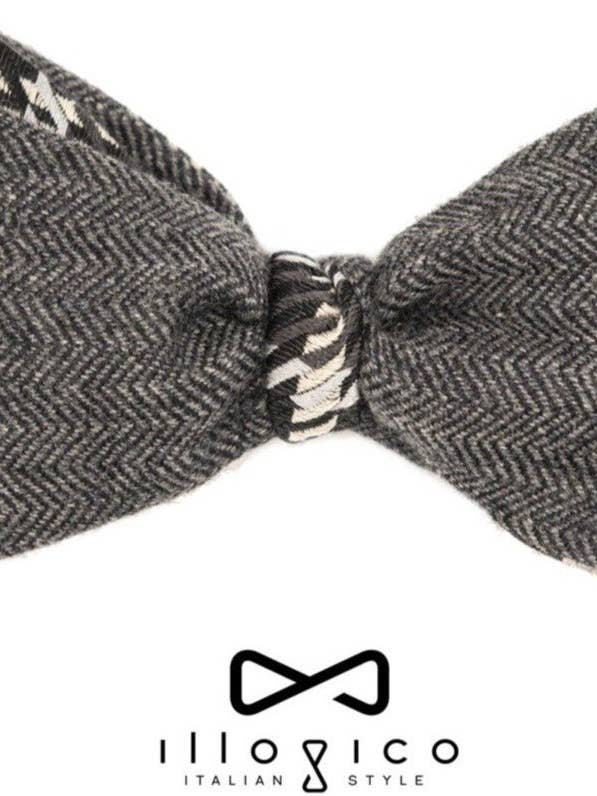 Grey Wool and Cashmere Double Face Knot Bow Tie with Black Geometric Pattern for wholesale by Illogico