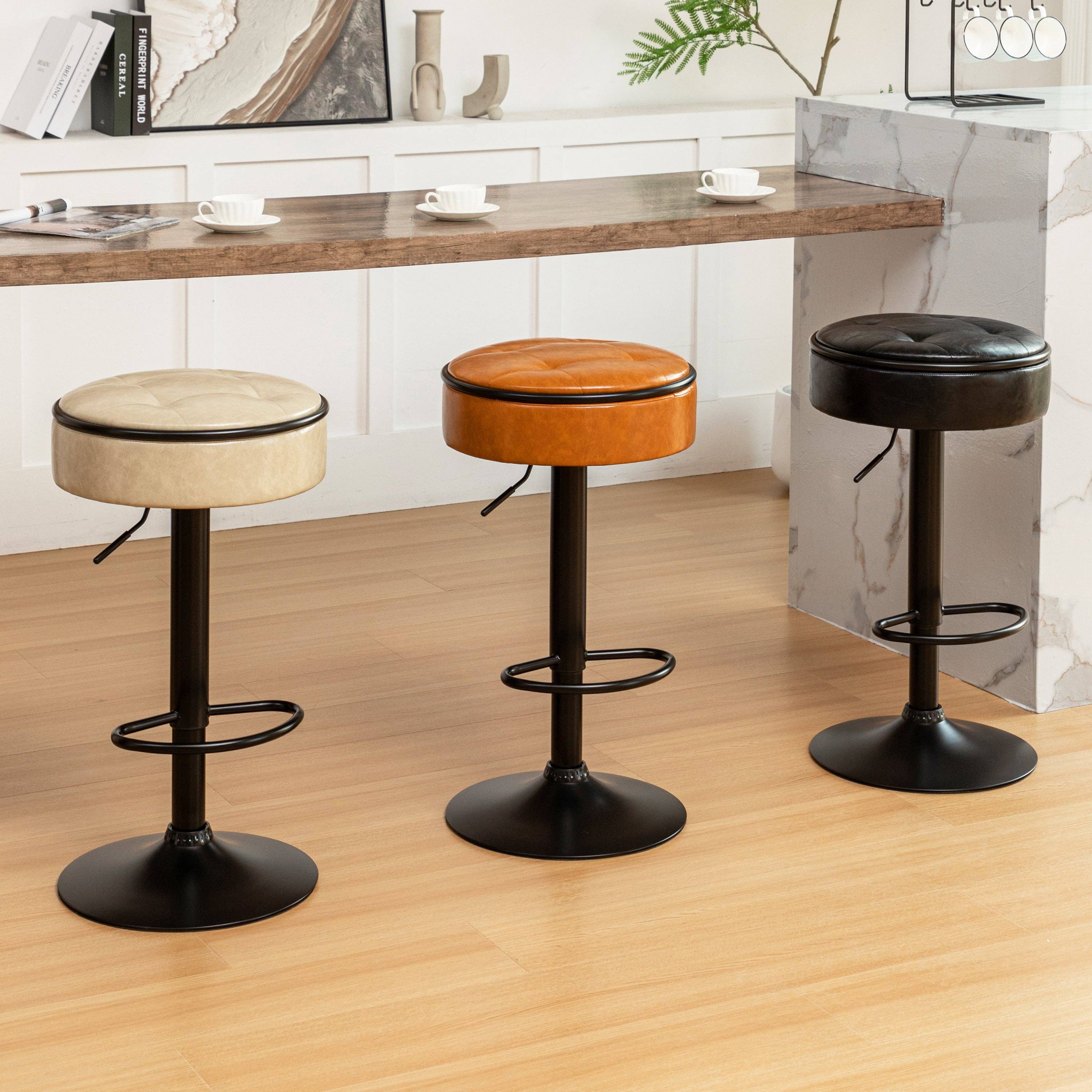 Orange County Decor - Wholesale Stool - Round Storage Bar Stool Set Of 2, Khaki Faux Leather Height Adjustable Barstool, 360 Counter Height Swivel Stool, Armless Bar Chair With Metal Frame For Kitchen Counter Dining Living Room Khaki Set39