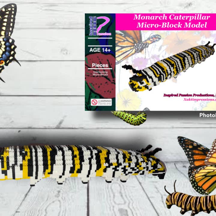 Monarch Caterpillar Micro-Block Brick-model, ontworpen en verpakt in de VS voor wholesale door Inspired Passion Productions,LLC