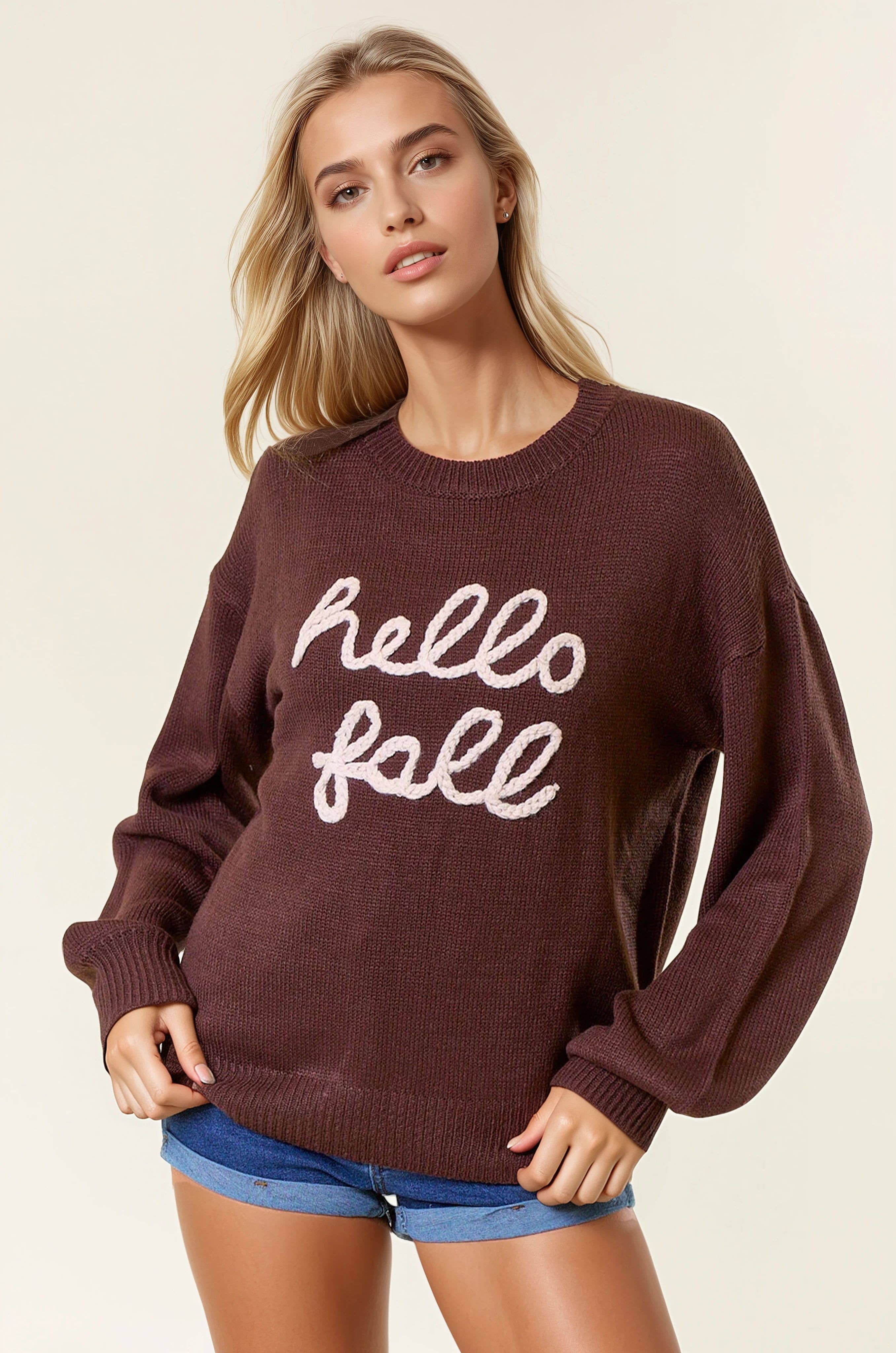 Doe and Rae - Wholesale Knit Sweater - Women's - HELLO FALL Letter Embroidered Oversize Sweater - 43995T-21