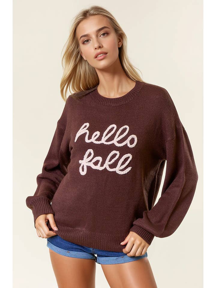 Doe and Rae - Wholesale Knit Sweater - Women's - HELLO FALL Letter Embroidered Oversize Sweater - 43995T-21