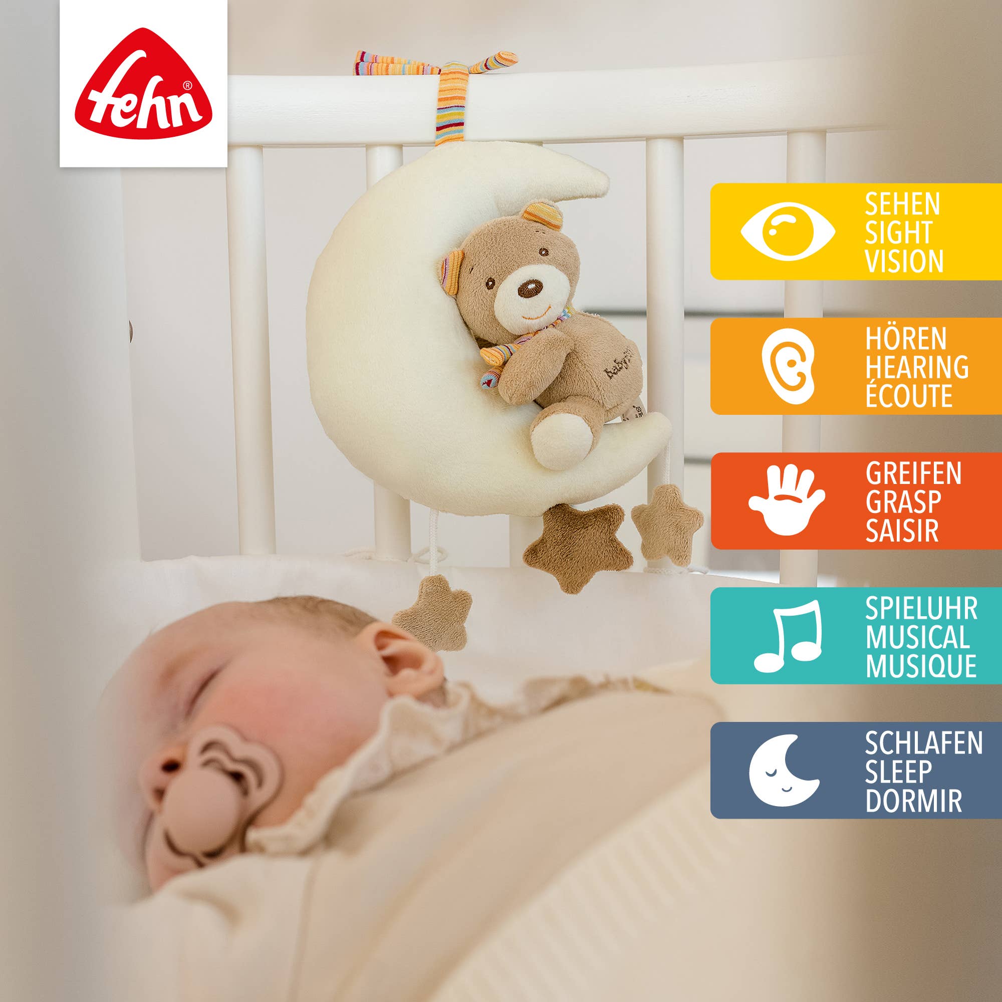 Fehn - Venta al por mayor Caja de música - Niños y bebés - Caja de música Teddy in the Moon, peluche y somnífero1