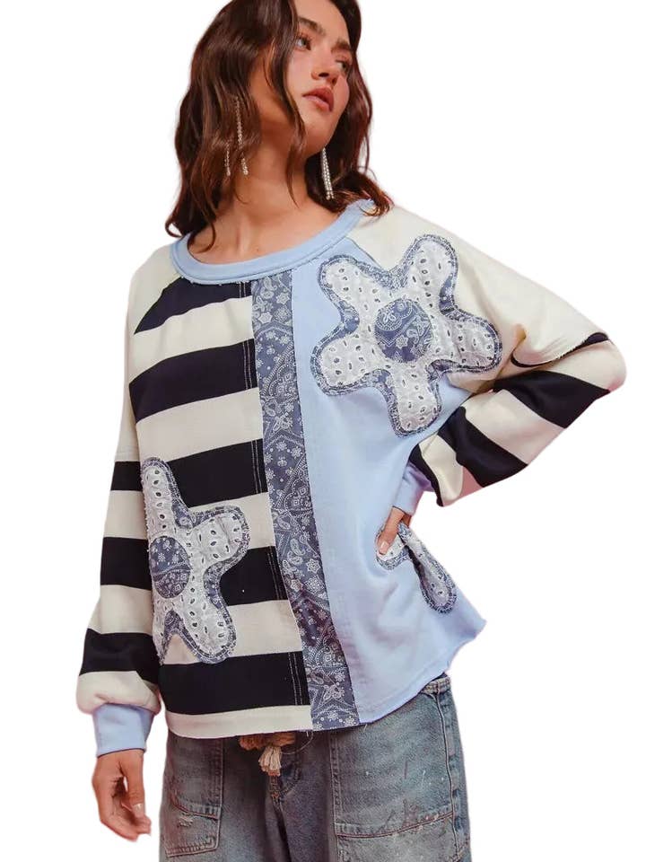 BiBi Patchwork Striped Round Neck Sweatshirt for wholesale by Garden Naked