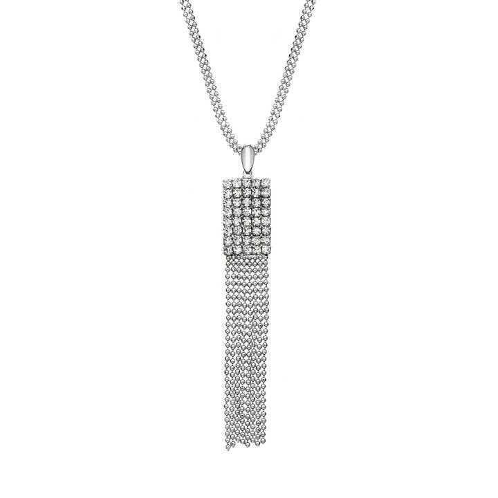 Silver Plated Crystal/Beaded Rectangle Fringe Pend Necklace for wholesale by Luxe on Main LLC