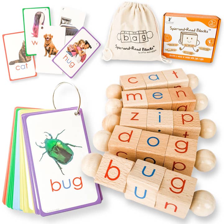 Little Bud Kids - Wholesale Learning Cards - Kids & Baby - Spin-and-Read Montessori Phonetic Reading Blocks & CVC Cards