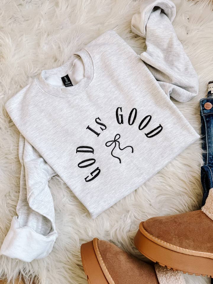 God Is Good Bow Embroidered Sweatshirt - Ash for wholesale by Emerlie Love