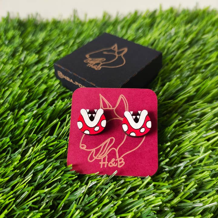 Herbs&Belles - Vendita all'ingrosso Orecchini a bottone - Gioiello fatto a mano con orecchini colorati in legno Super Mario Plant1