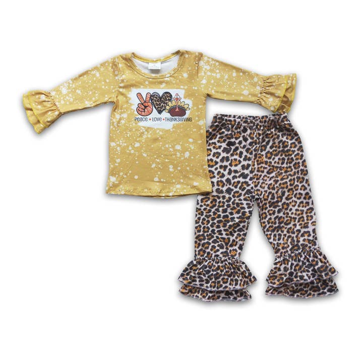 Yawoo Garments - Wholesale Top & trouser set – Kids - Peace love thanksgiving shirt leopard ruffle pants girls set