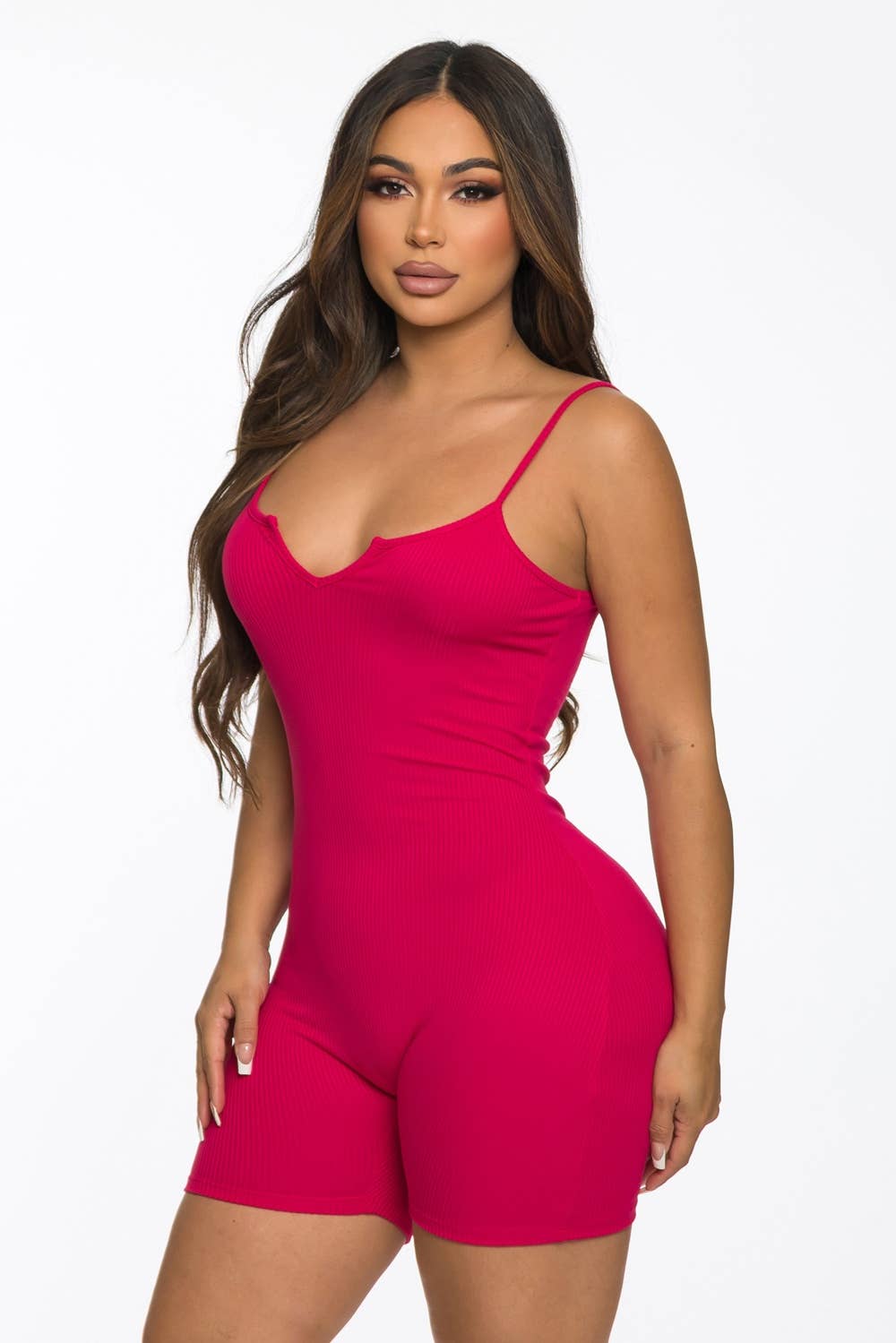 Lime All the Time - Wholesale Romper - Women's - Ribbed Split Neck Strap Short Romper5