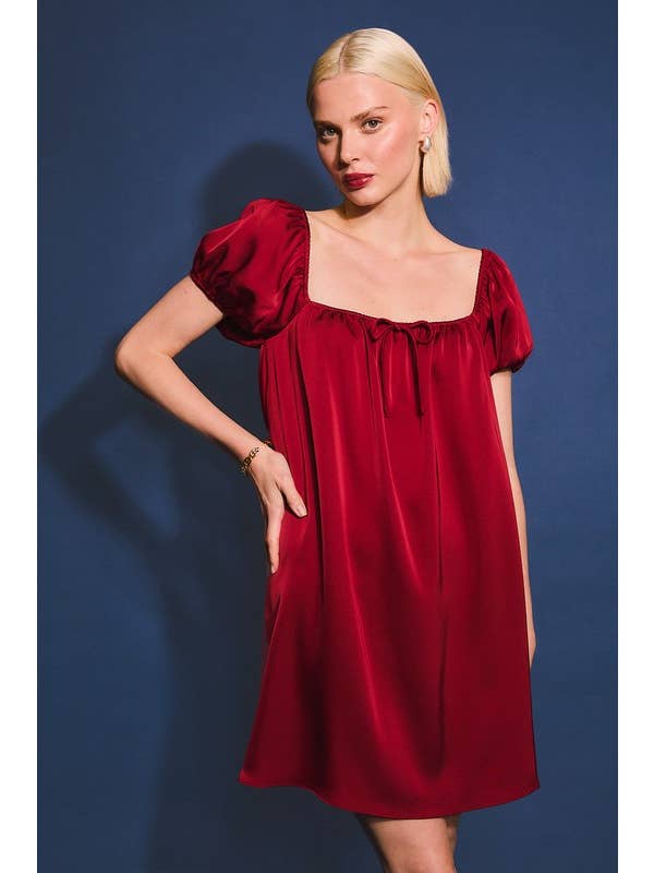 Crimson PUFF SLEEVE SATIN DRESS for wholesale on Faire